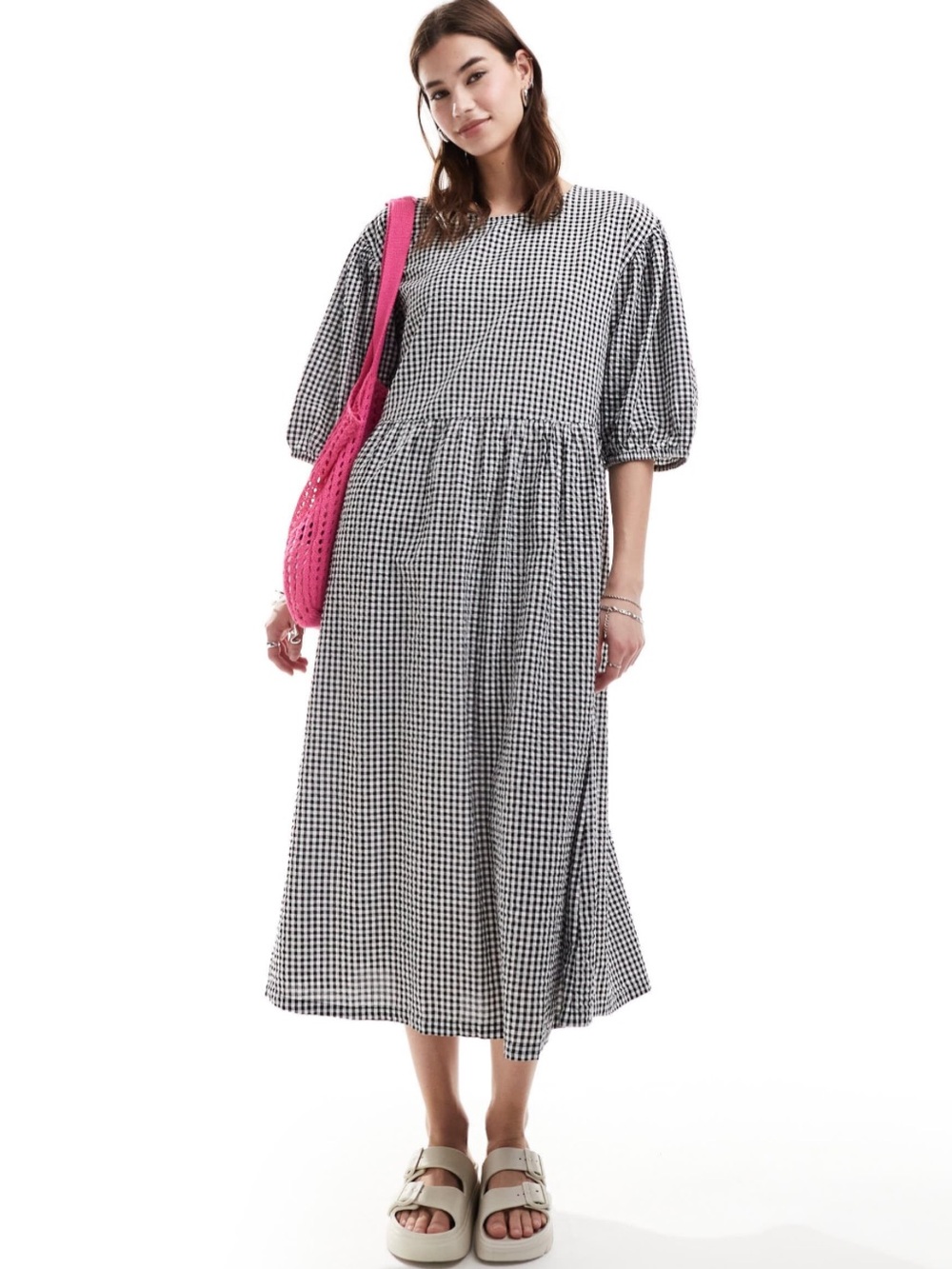 Monki Cotton Brown Navy White Gingham Smock Midi Dress